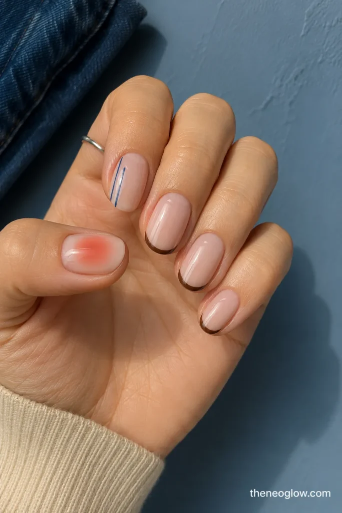 Milky oval nails with cocoa tips, a burnt-apricot aura accent, and navy double-line details. August nails 2026.