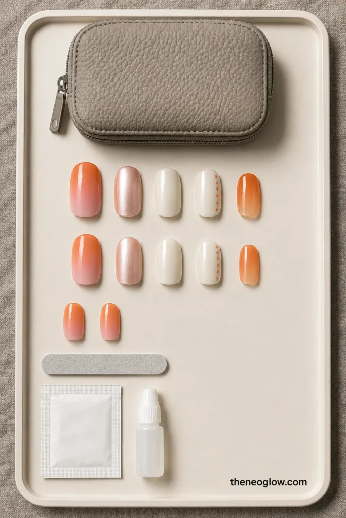 Short oval press-on tips in papaya, shell pink, linen white, coral dots, and tangerine jelly arranged with manicure tools.