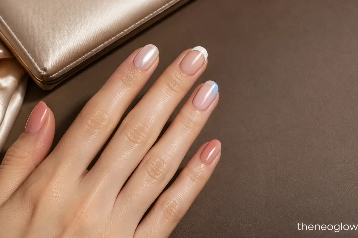 One hand with pearl, champagne French, dusty-rose, powder-blue side-tip, and rosy gloss nails beside a satin evening clutch.