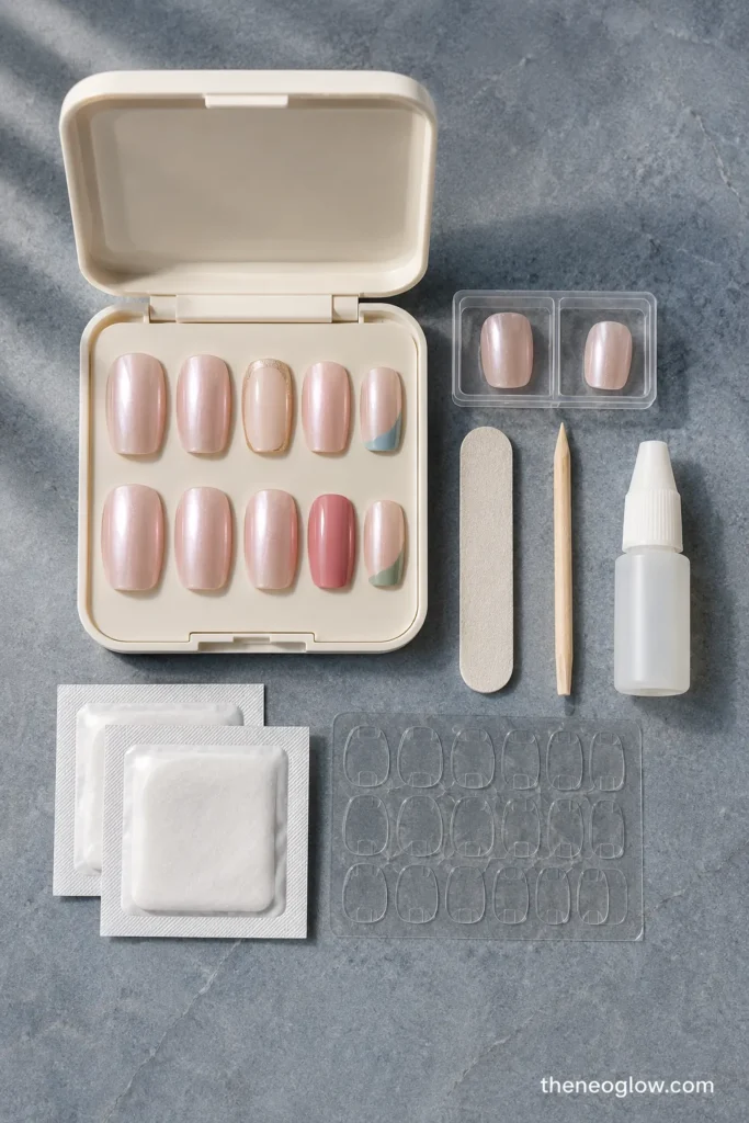 Pearl and coordinated press-on nails arranged with a rigid case, spare tips, adhesive tabs, a file, prep pads, and a small glue bottle.