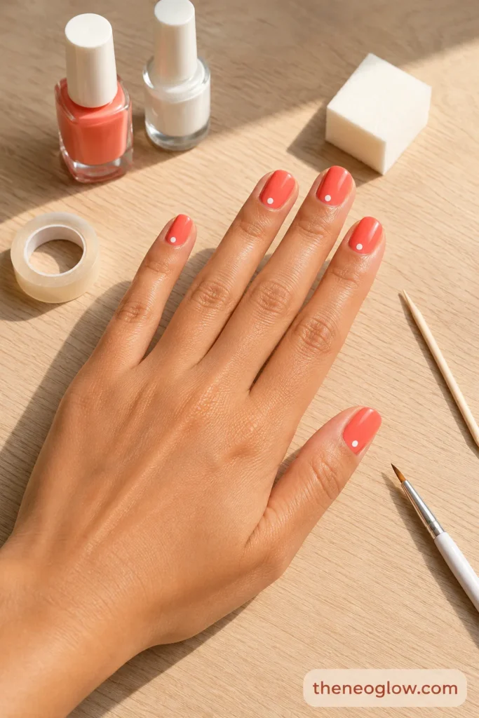 Short coral squoval nails with one white cuticle dot beside a toothpick, tape, sponge, and polish tools.