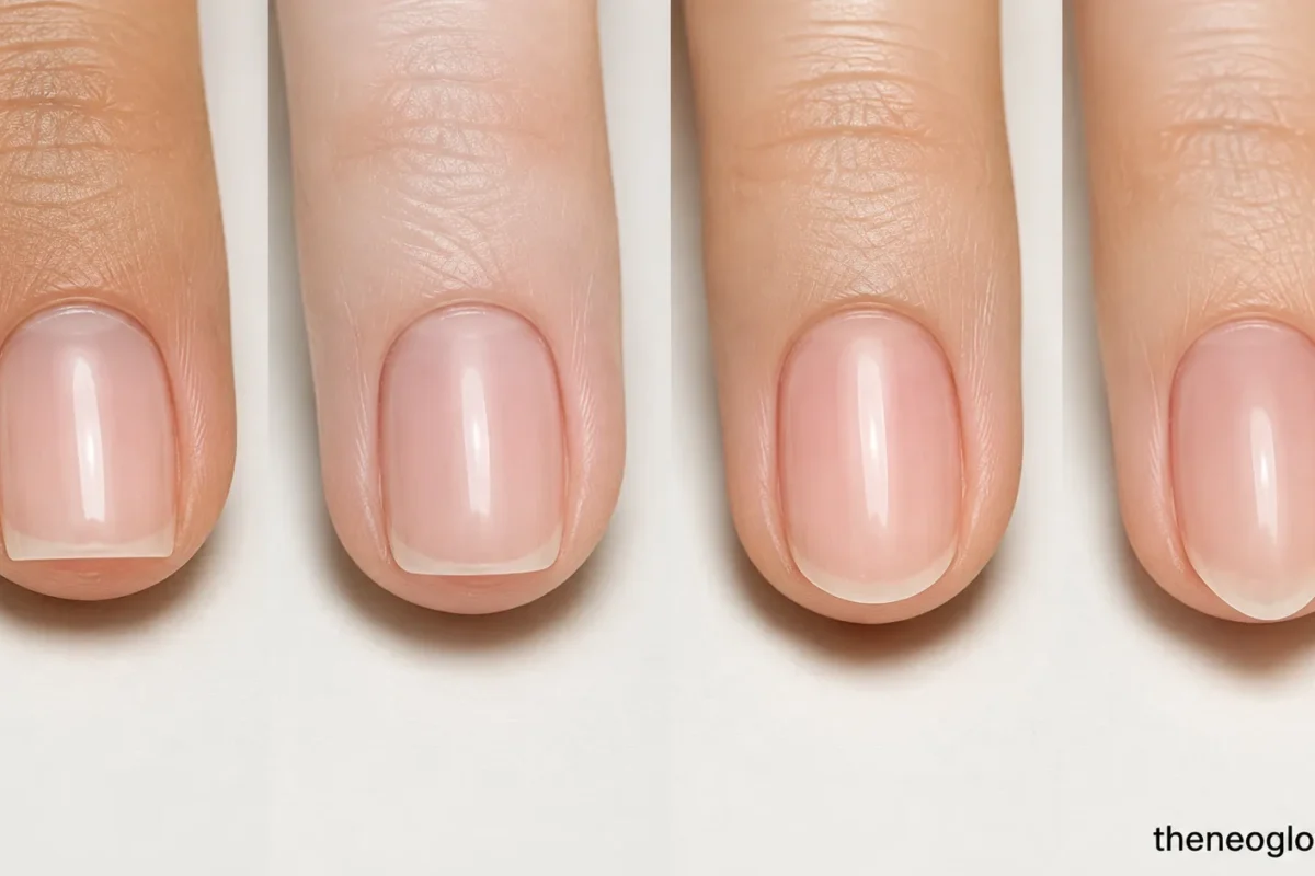 Four close-up natural nails show square, squoval, oval, and almond silhouettes in a horizontal comparison.