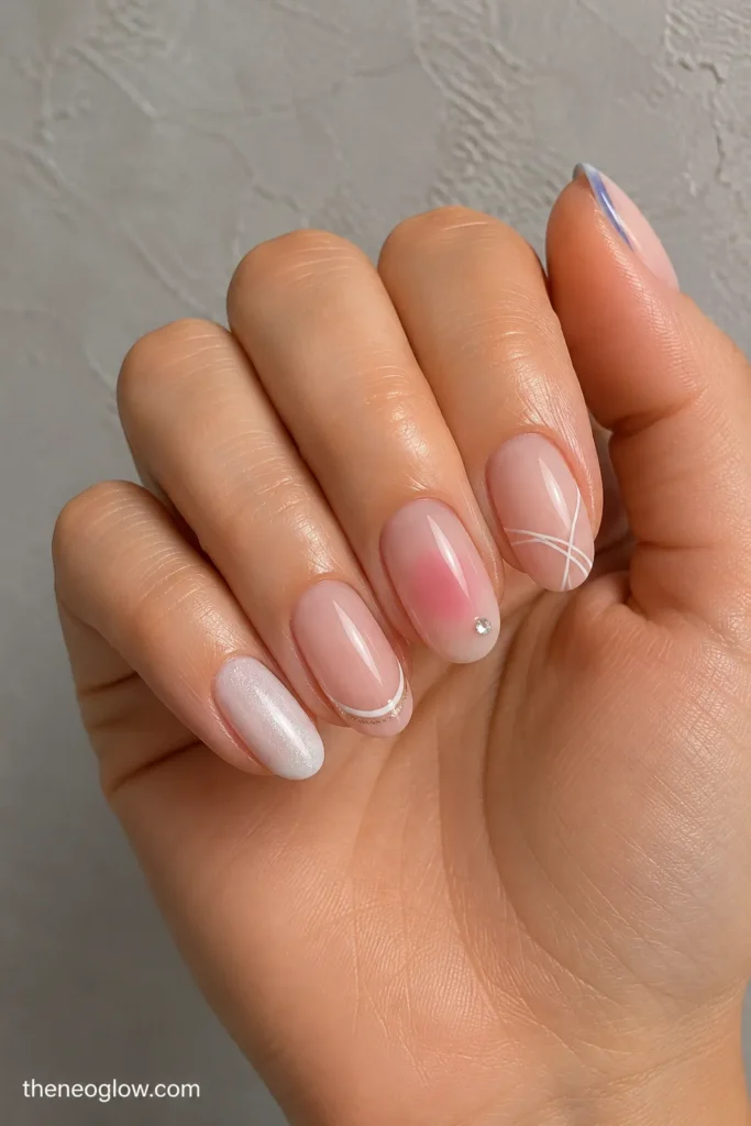 Medium oval nails with pearl glaze, champagne-edged French tips, a blush aura crystal, a powder-blue side tip, and fine white curves. bachelorette nail ideas.