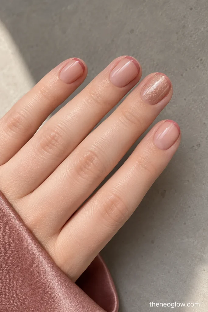 Short oval nails with dusty-rose micro French tips and one fine champagne-shimmer accent nail.