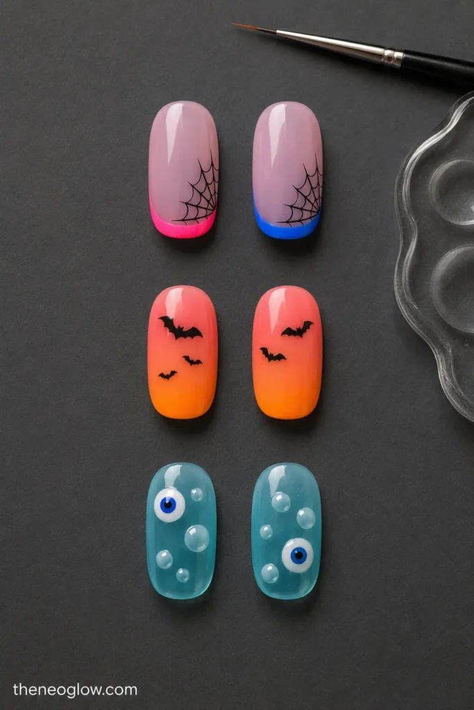 Neon spiderweb French tips, coral sunset bat nails, and aqua jelly eyeball bubble sample nails.