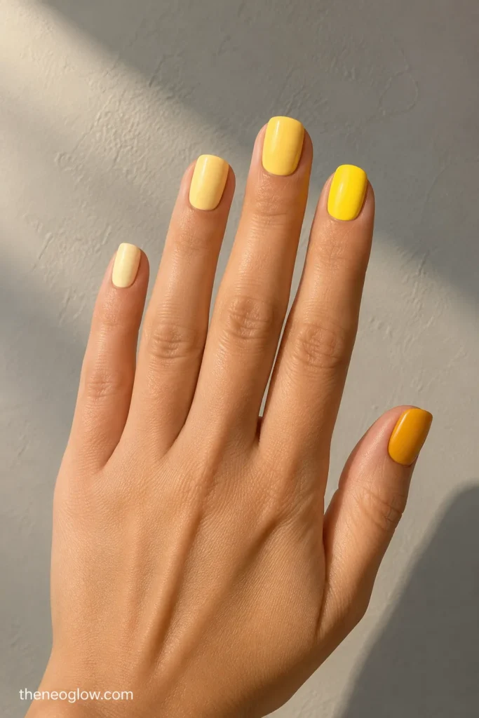 Five glossy yellow nails progressing from pale butter and vanilla to custard, lemon, and warm golden yellow. yellow summer nails.