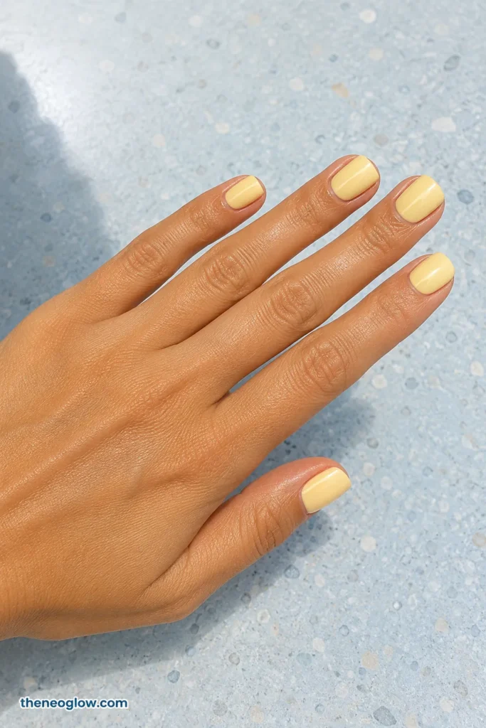 Short square butter-yellow nails with smooth opaque cream polish on olive skin against pale blue terrazzo.