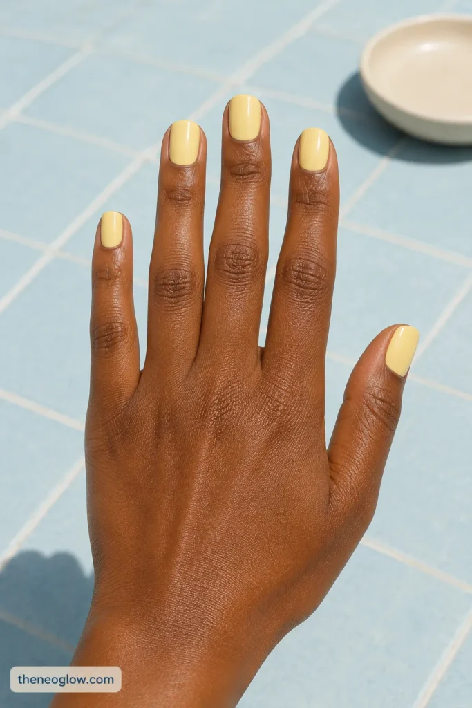 Creamy butter-yellow polish on short square nails shown against pale blue poolside tile on deep brown skin.