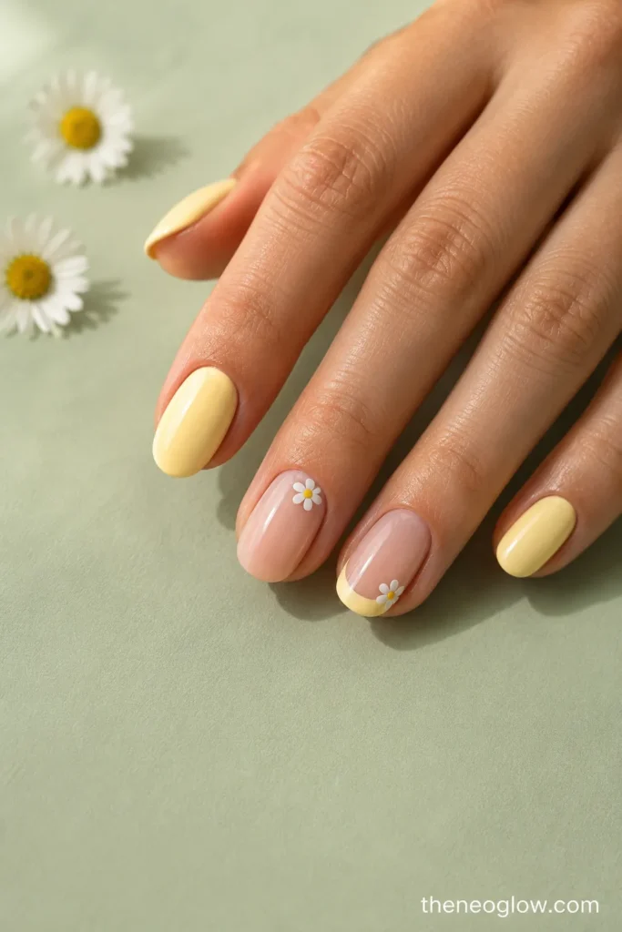Short oval nails combining creamy butter yellow, a translucent nude base, and small white daisy accents.