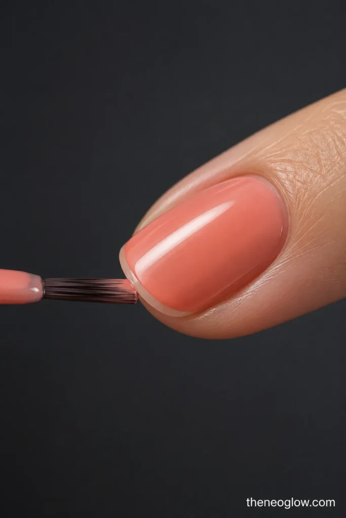 A polish brush lightly sweeping across the free edge of a short glossy nail. how to make a manicure last long.