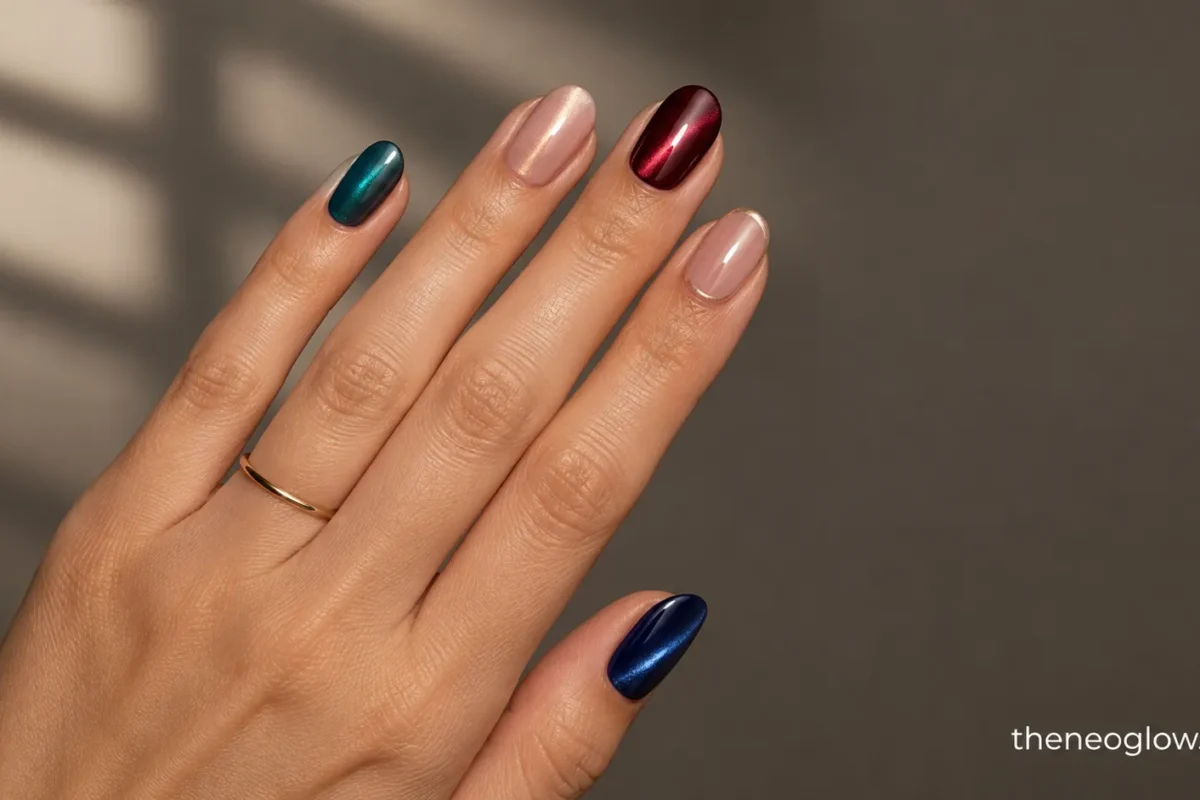 Light-beige hand with teal velvet, rose-gold halo, sapphire beam, black-cherry side beam, and silver magnetic French nails.