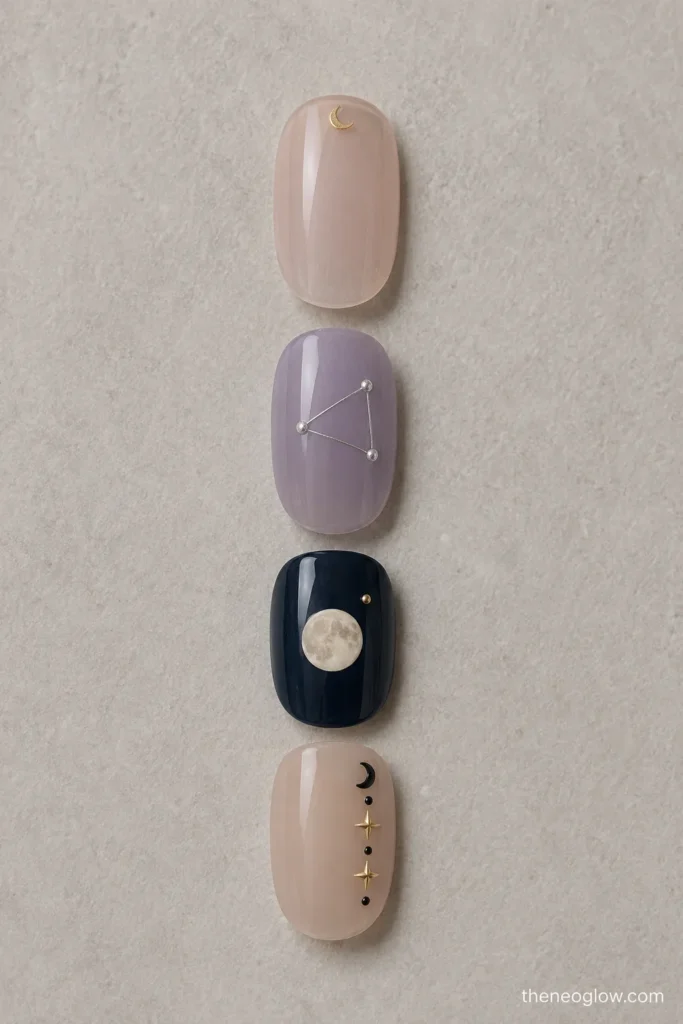 Four oval practice nails showing a micro crescent, constellation lines, a full moon, and a celestial side border.
