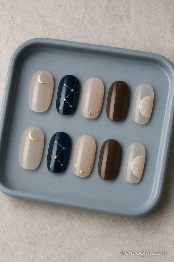 Ten coordinated press-on nails with nude crescents, navy constellations, gold star tips, chocolate solids, and negative-space moons. moon and star nails.