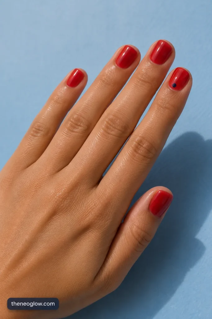 Short squoval cherry-red jelly nails with a tiny navy cuticle dot on the ring finger.