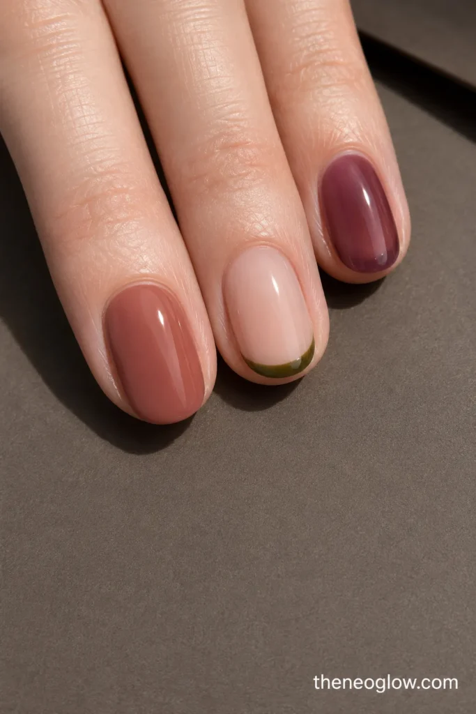Short oval nails comparing cinnamon-rose cream, olive micro French, and translucent fig jelly.