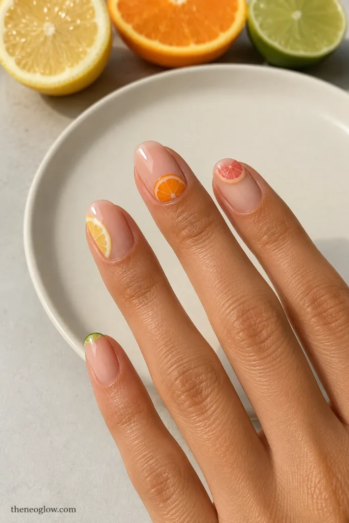 Sheer nude oval nails with controlled lemon, orange, grapefruit, and lime slice placements.