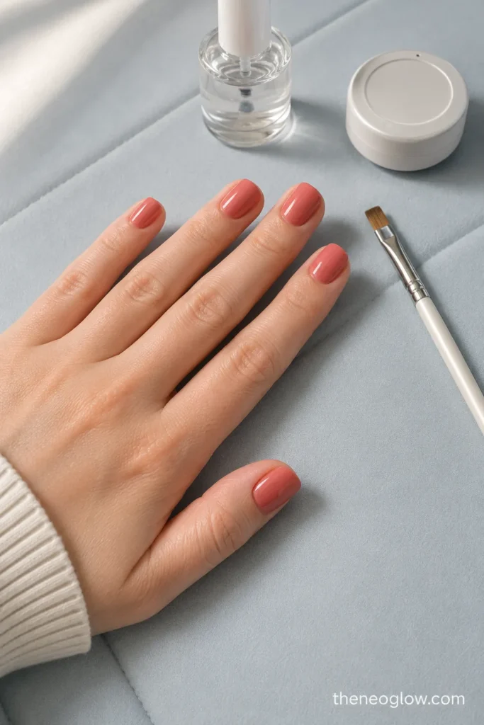 Glossy coral-rose nails resting beside a cleanup brush, top coat bottle, and blank timer.