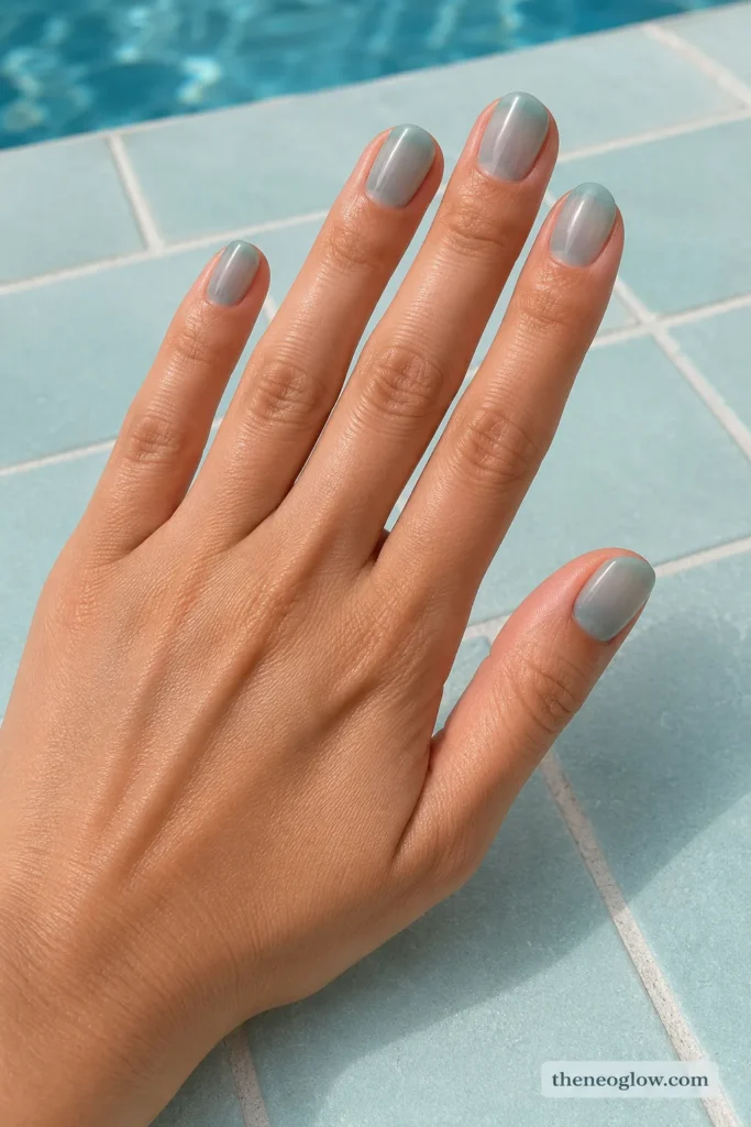 Short oval clear aqua jelly nails with watery blue-green shine on light-medium olive skin beside pool tile.