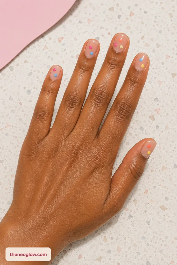 Short rounded clear jelly nails with sparse coral, pink, yellow, and blue balloon-like dots on brown skin.
