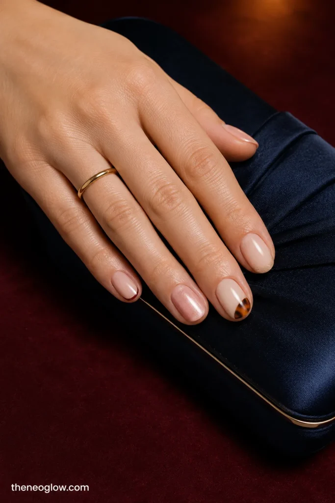 Short oval nails with pearl blush, champagne shimmer, burgundy side details, and tortoiseshell corner accents.