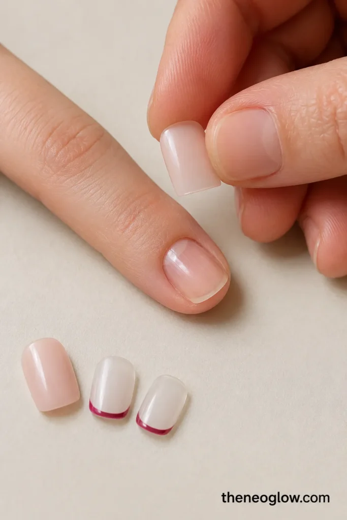 A short rosy press-on nail being aligned over a natural nail beside burgundy micro-French spare tips.