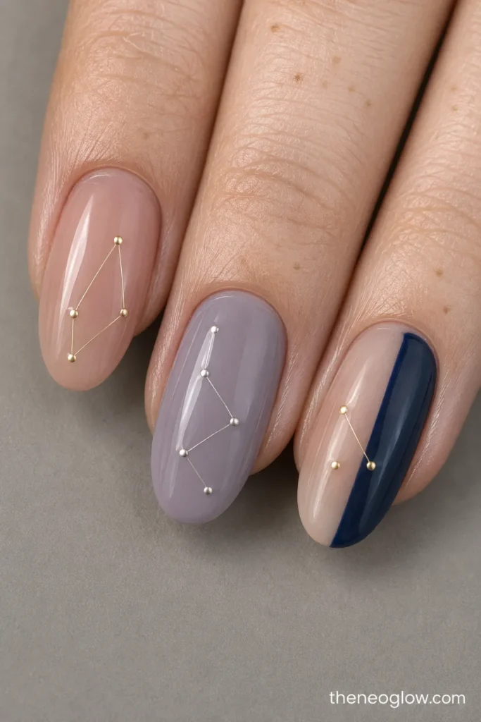Rosy nude, smoky lavender, and blue-panel nails with fine gold and silver constellation paths and open space.