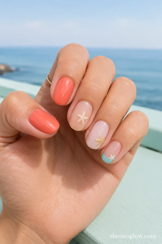 Coral and milky-pink nails with cream, gold, and white starfish accents and a slim aqua French tip.