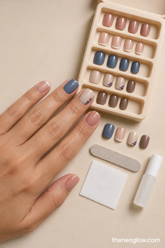 Short coordinated press-on nails beside a neutral tray, spare tips, a file, and a blank adhesive bottle.