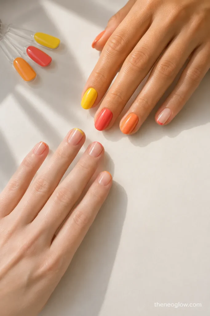 Two coordinated citrus manicures use the same yellow, coral, and tangerine palette with different solid and French-tip placements.