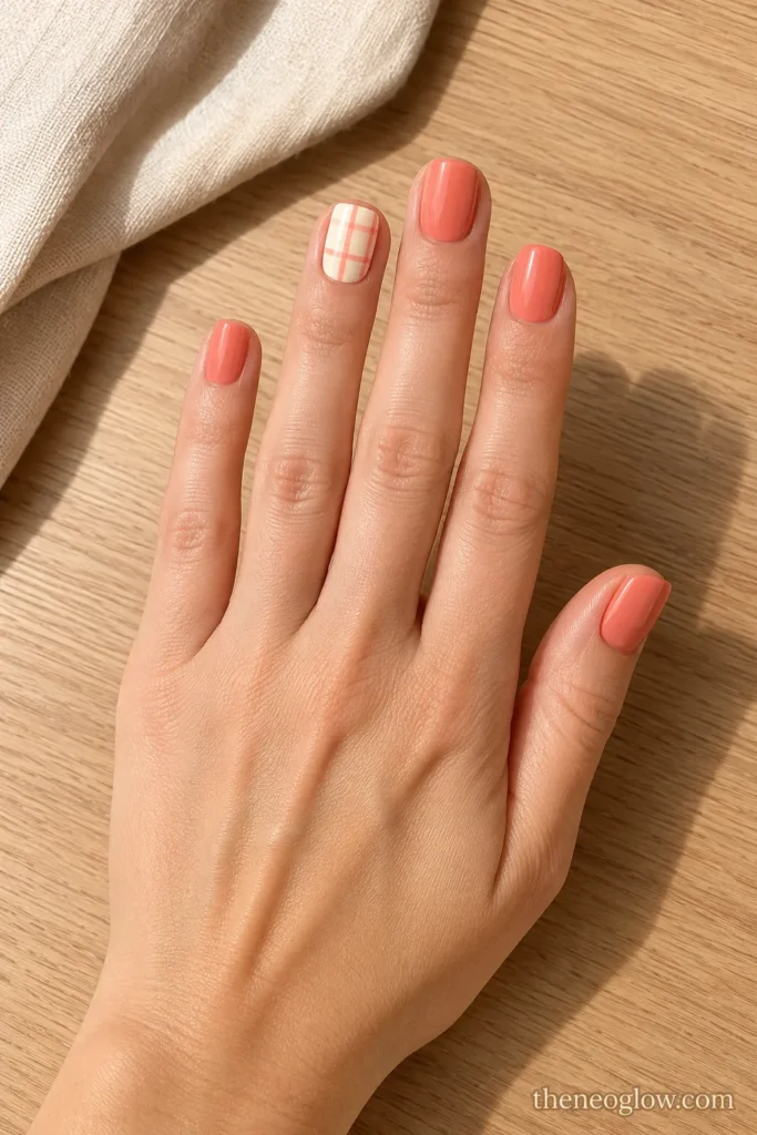 Short squoval coral nails with a cream gingham ring-finger accent on fair warm-toned skin.