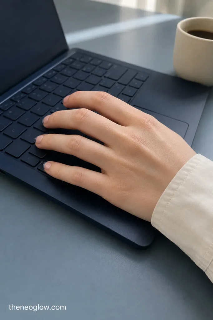Short squoval nails with muted blue micro French tips typing on a laptop beside a plain coffee mug.