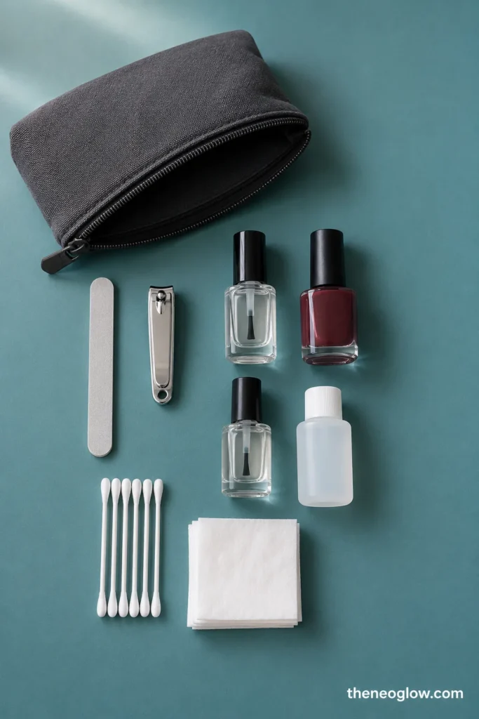 A compact manicure pouch with a file, clipper, base coat, burgundy polish, topcoat, wipes, swabs, and remove