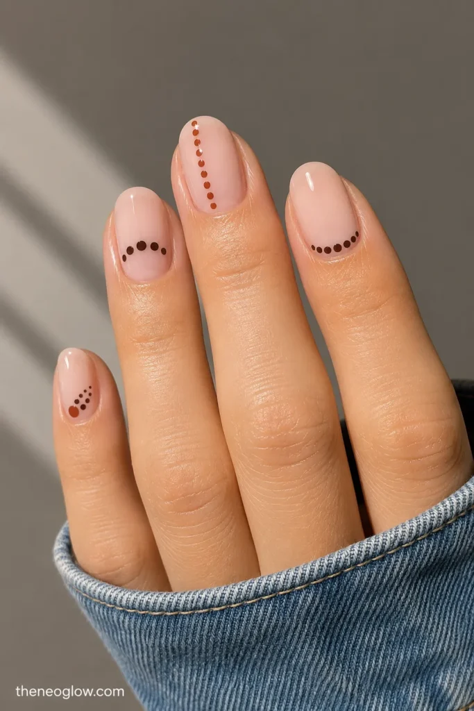 Milky pink oval nails with a cuticle dot arc, side border, dotted French tip, and corner dot fan.