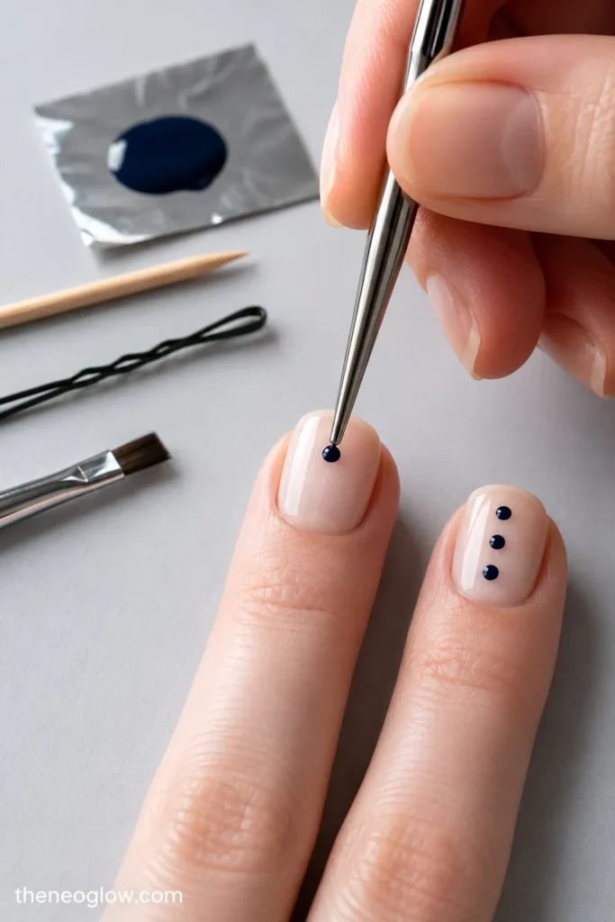 A small dotting tool placing a navy polish dot on a short nude nail beside a foil palette, toothpick, bobby pin, and cleanup brush.