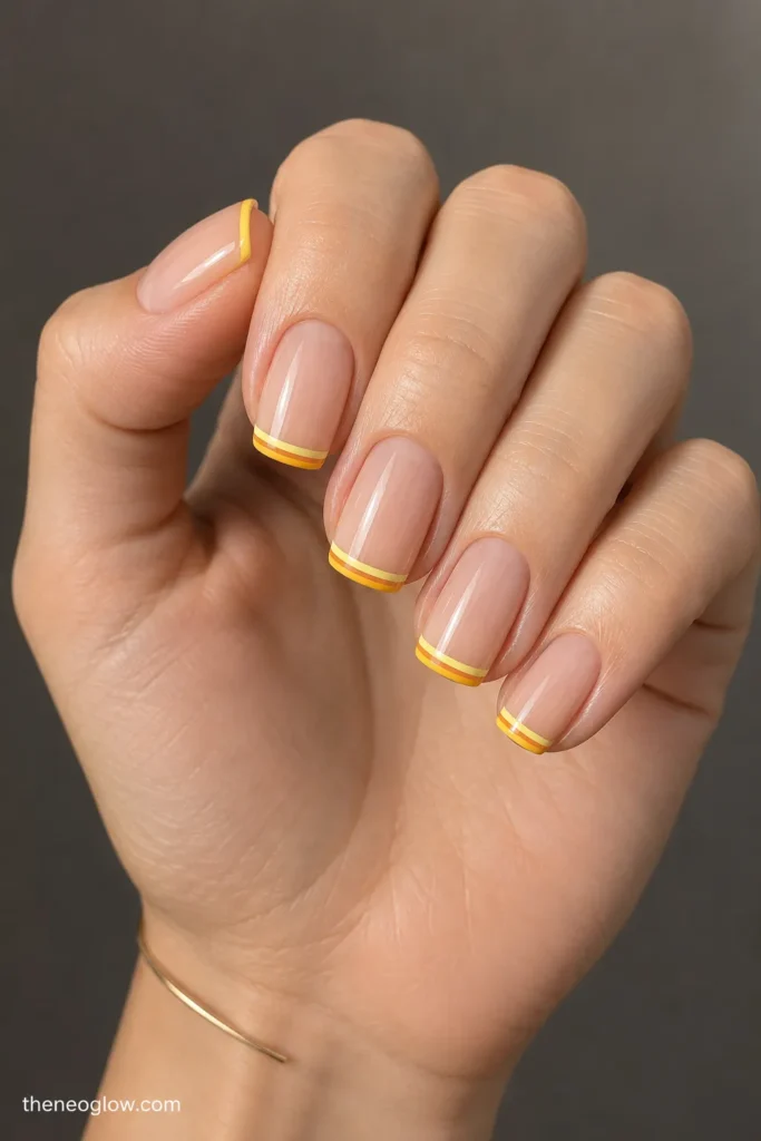 Medium squoval nails with sheer nude bases and precise lemon-yellow and golden-yellow double French tips.