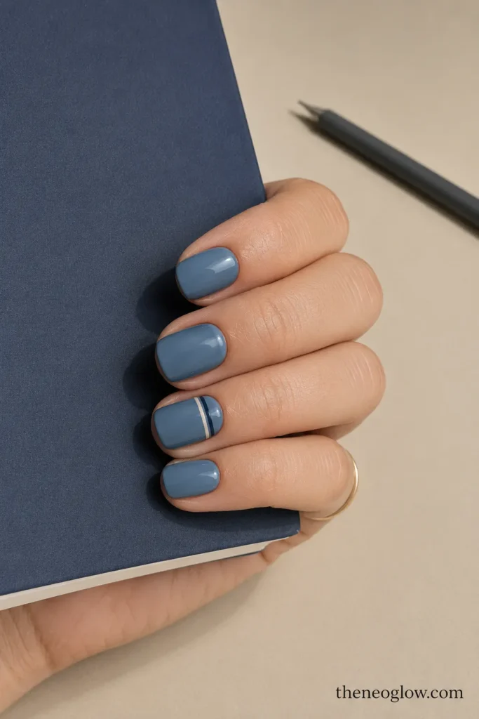 Dusty denim-blue squoval nails with a cream-and-navy pinstripe accent beside a notebook.