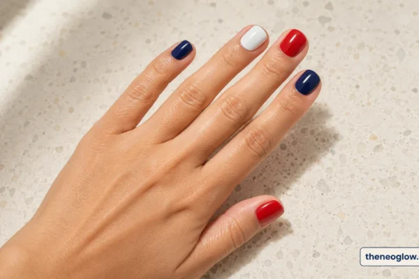 Short squoval red, milky white, and navy nails in a clean color rotation on a light-medium hand.