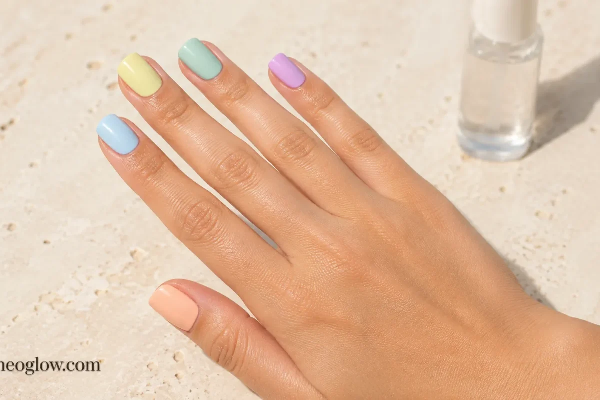 Short squoval pastel Skittle nails in peach, yellow, mint, lilac, and blue with a glossy finish.