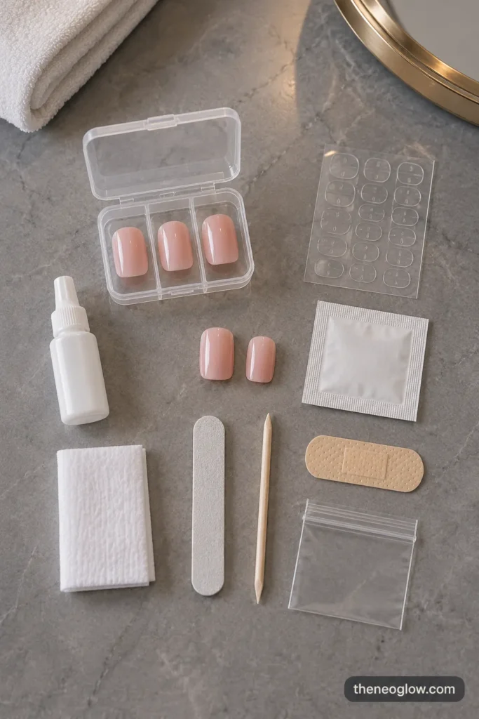 Detached press-on nail, matching spare, adhesive tabs, file, wipe, glue bottle, and bandage arranged on a hotel counter.