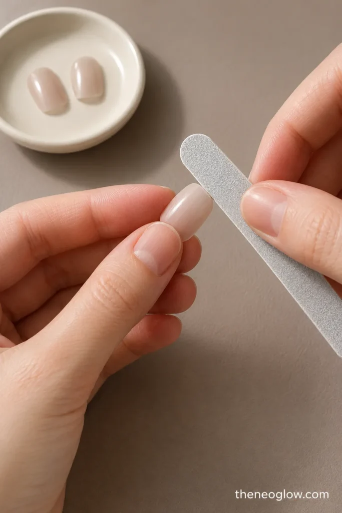 A slightly wide press-on tip is held between fingertips while a fine file shapes one side edge.