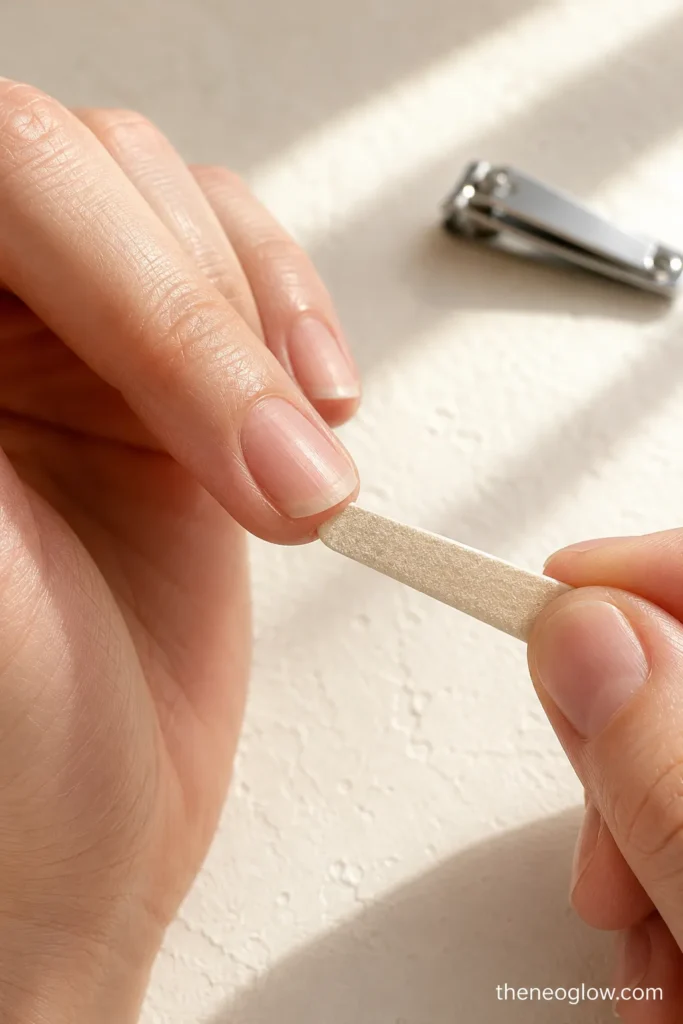 A fine nail file shaping the free edge of a short natural squoval nail.