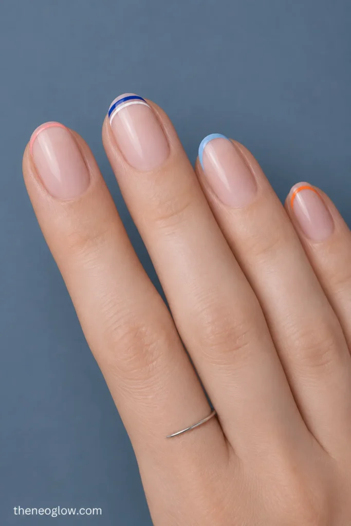 Sheer oval nails with micro French, double French, side-French, and cuticle-contour stripes.