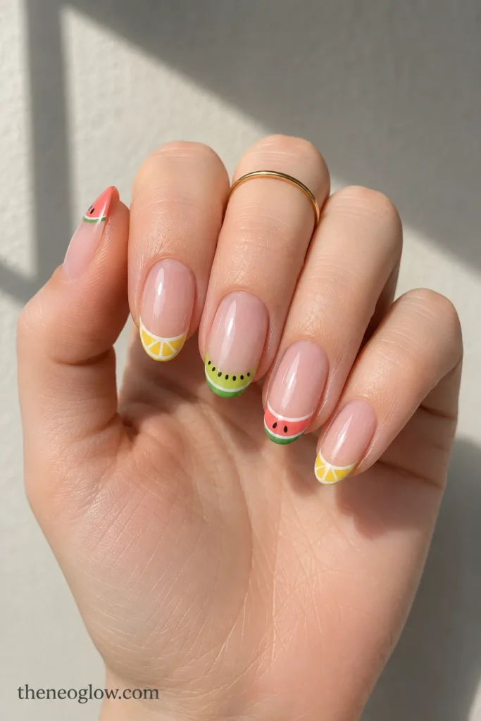 Sheer nude almond nails with consistent lemon, watermelon, and kiwi-inspired French tips.