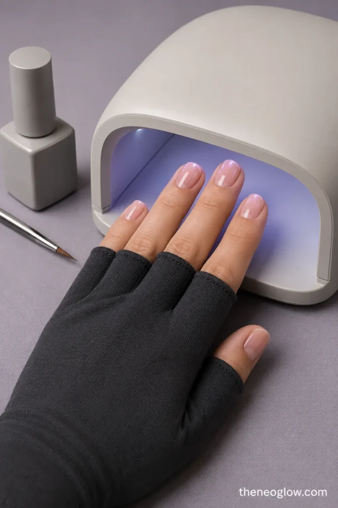 Short blush gel nails with clean skin margins entering a compact curing lamp.