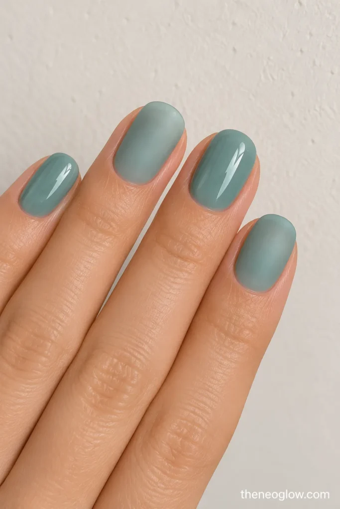 Four blue-green oval nails alternating glossy and frosted finishes over the same translucent color.