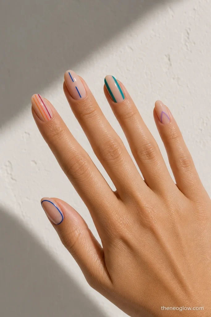 Medium almond nails with varied-width stripes, broken lines, negative space, an open chevron, and a fine frame.