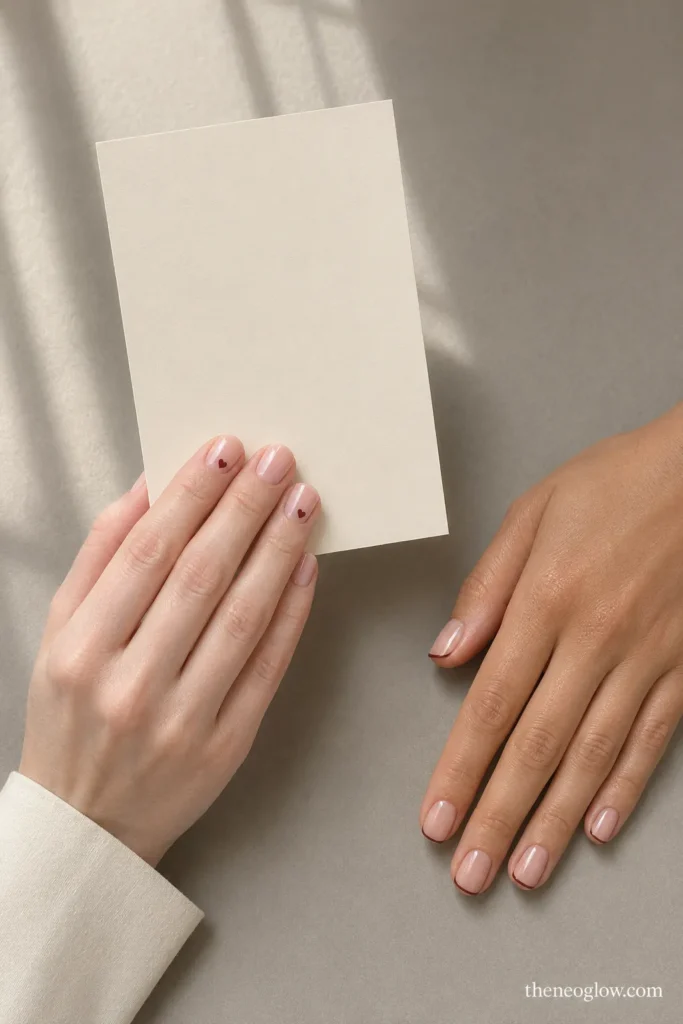 One sheer manicure has tiny burgundy hearts while the coordinating manicure uses narrow burgundy French tips.