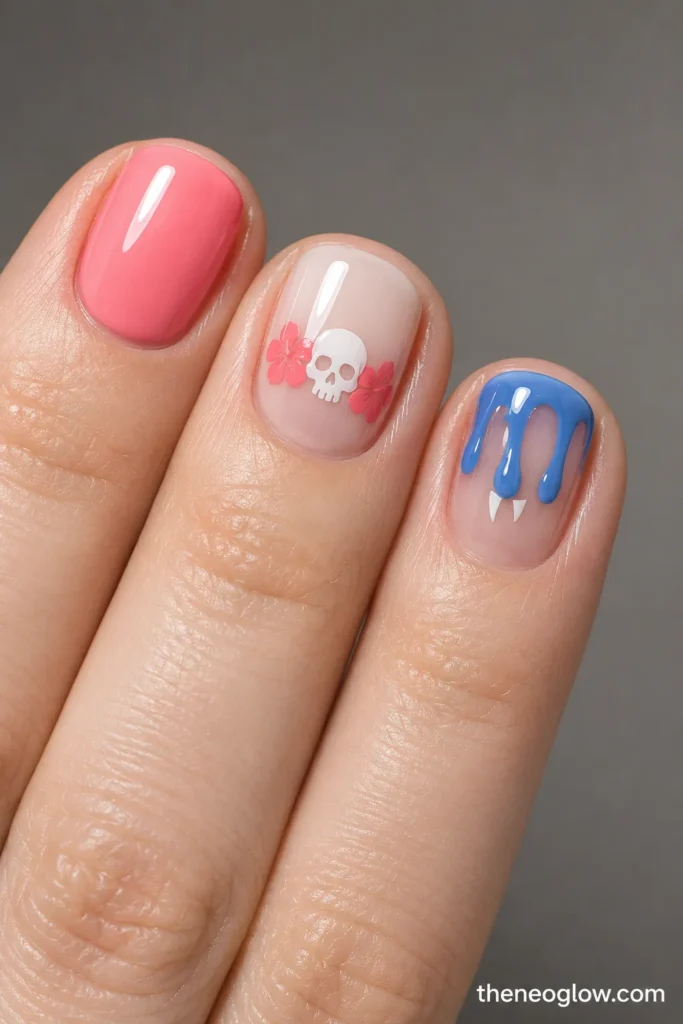 Three short square nails showing glossy guava, a hibiscus-framed skull, and blue drip tips with tiny white fangs.