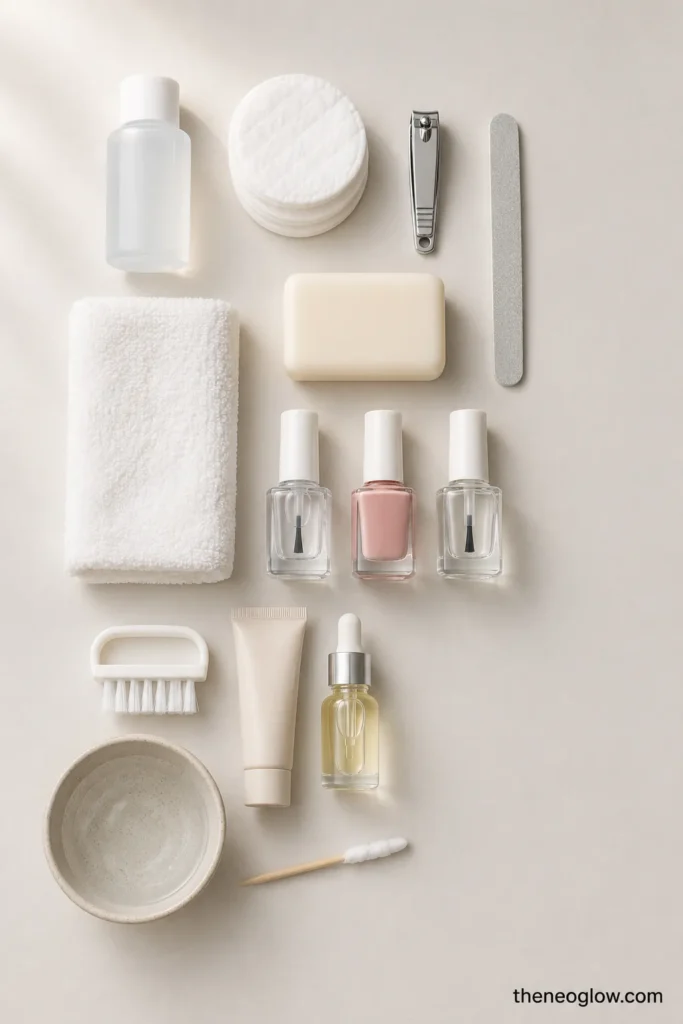 Flat lay of manicure tools including remover, cotton pads, clippers, file, polish bottles, cleanup brush, towel, and warm-water bowl. at-home manicure routine.