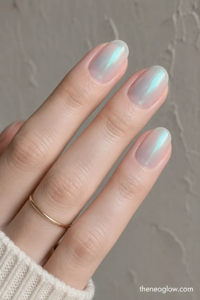 Medium oval nails with a subtle blue-green iridescent veil beneath a soft frosted finish.